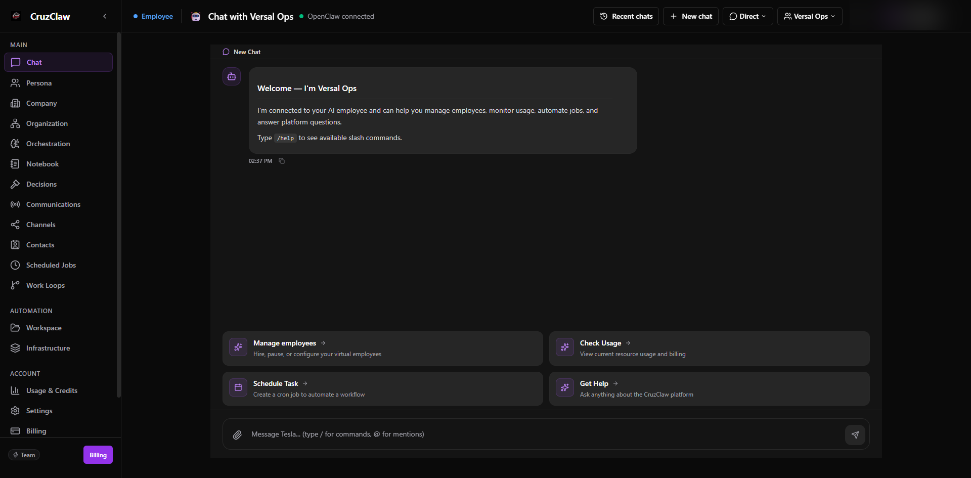 The Chat page with a conversation open with an employee, showing the employee’s welcome message, quick-action cards for common tasks, and the message box at the bottom