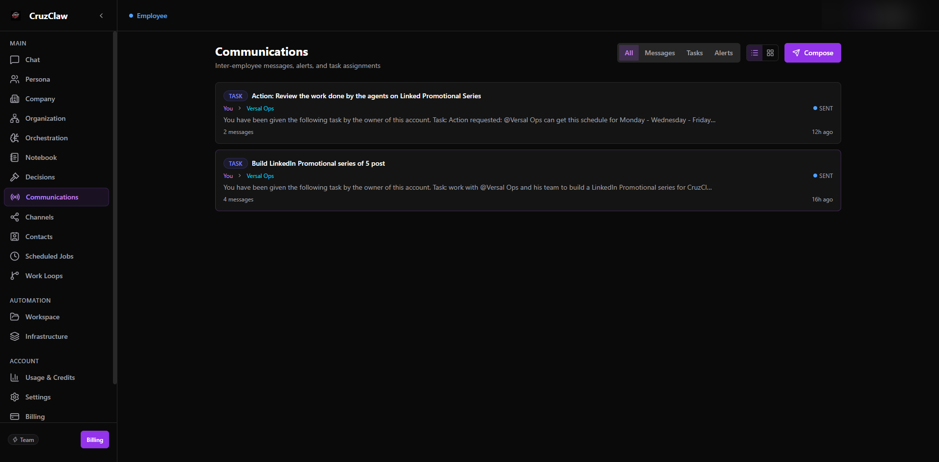 The Communications page listing task threads between the owner and an employee, with All, Messages, Tasks, and Alerts filter tabs and a Compose button