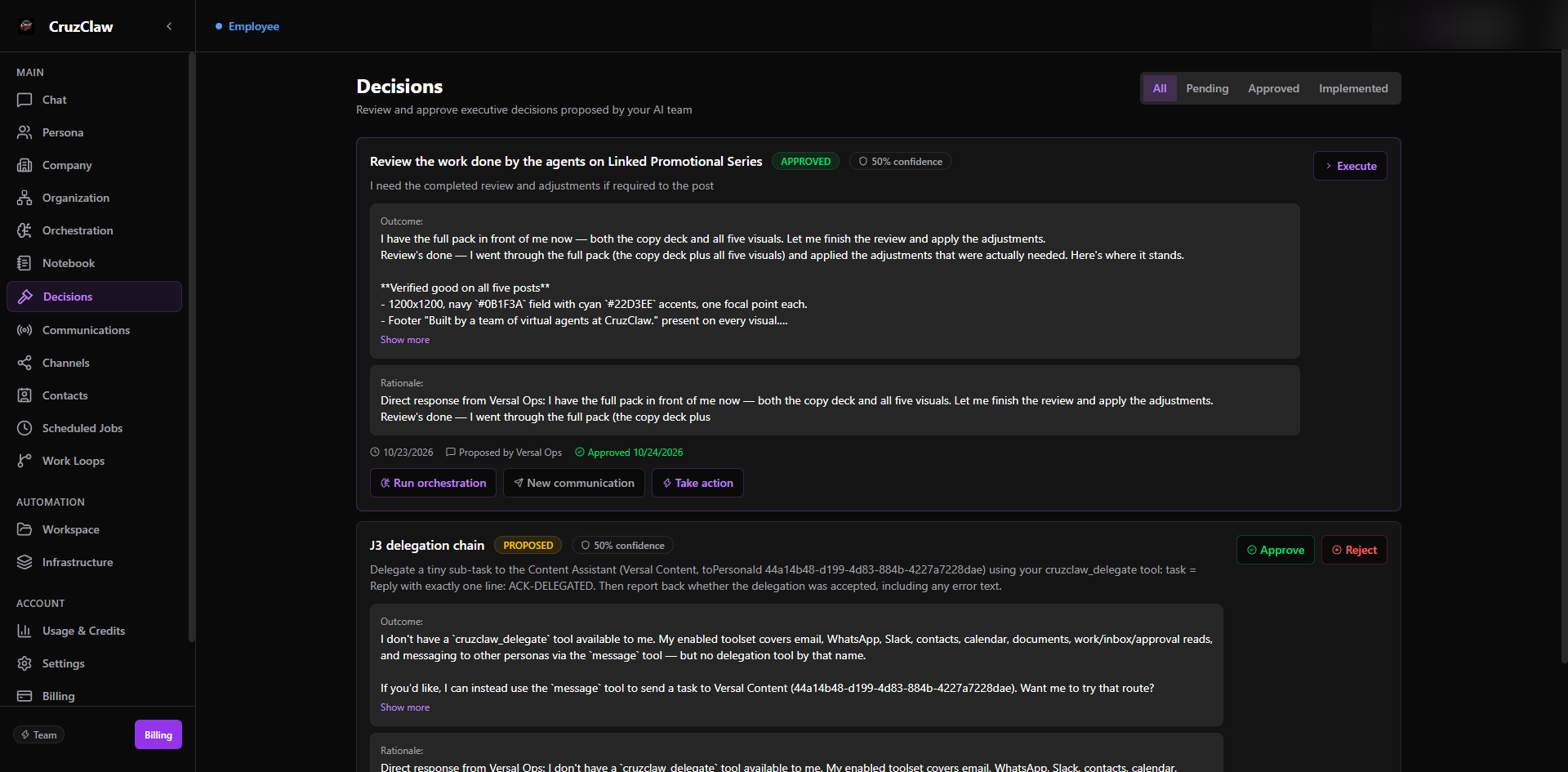 The Decisions page showing an approved decision card with Execute and action-routing buttons above a pending decision with Approve and Reject buttons