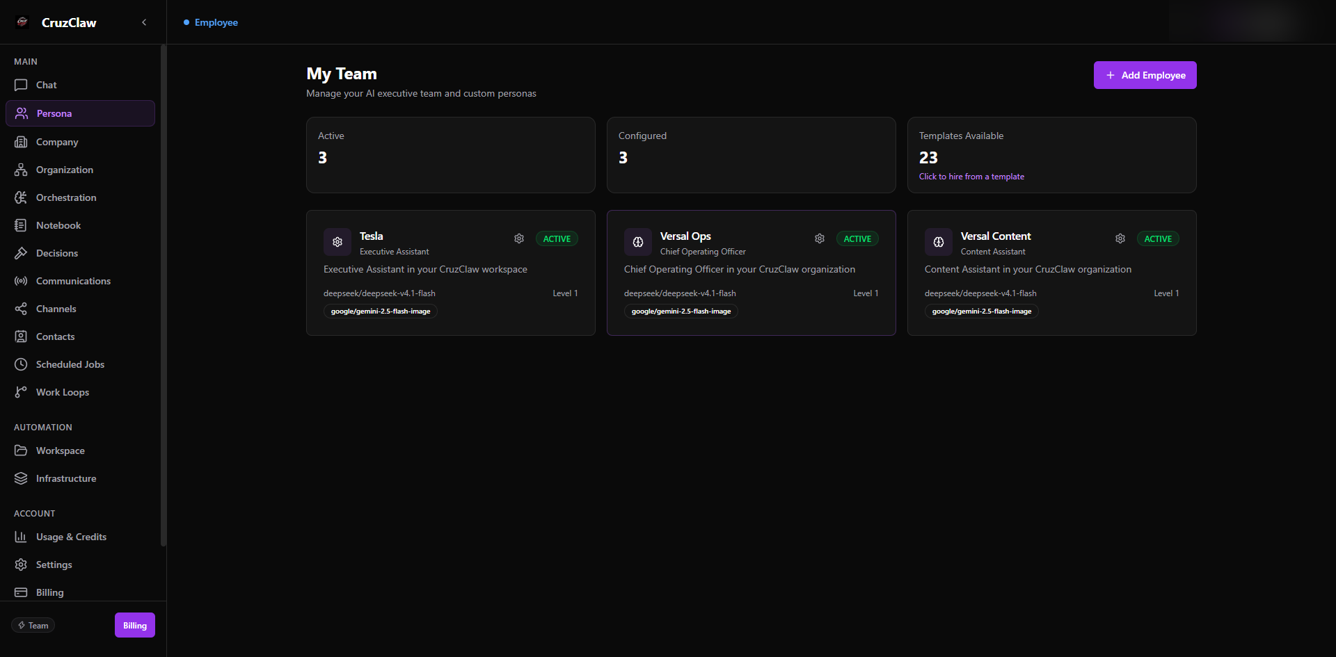 The My Team page listing active AI employees, each card showing a name, role, model, and an ACTIVE status badge