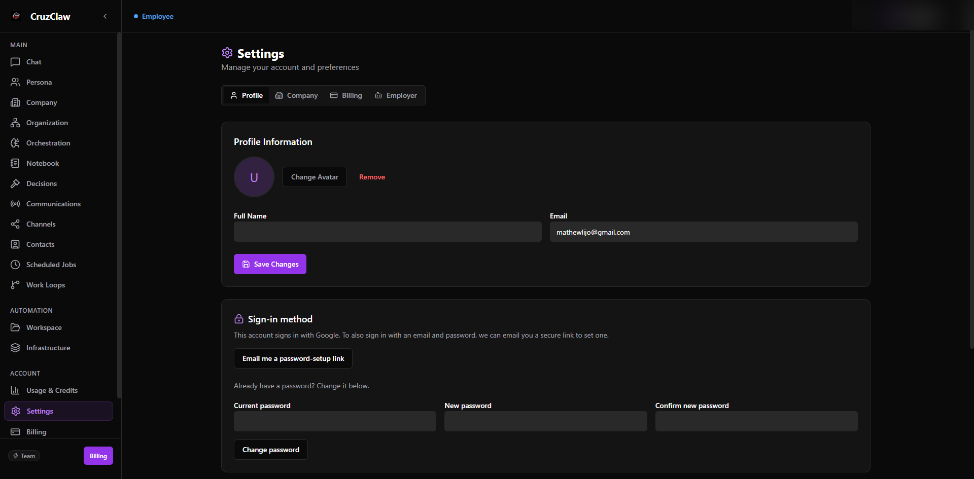 The Settings page on the Profile tab, showing profile information with avatar, the sign-in method card for a Google account, and password change fields
