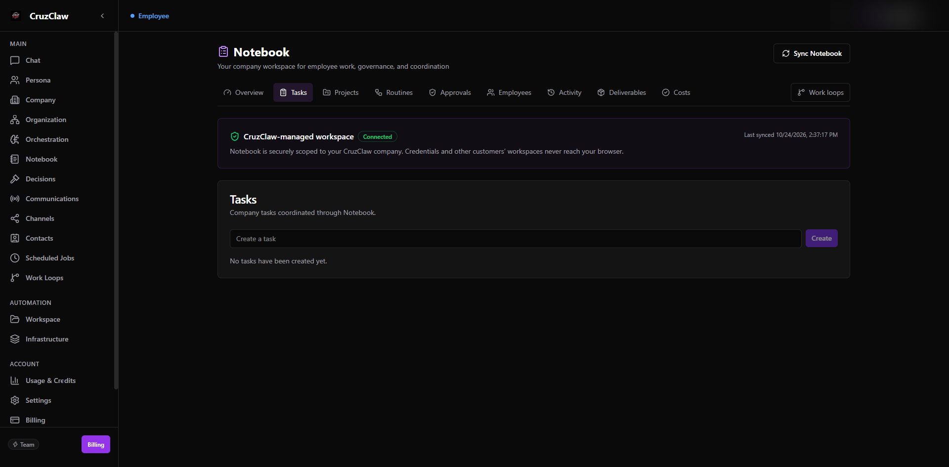 The Notebook Tasks tab showing the connected CruzClaw-managed workspace banner, the tab navigation, and the task creation box